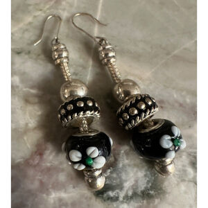 Silver Drop Dangle earrings with Murano glass and siver beads Wire Hook